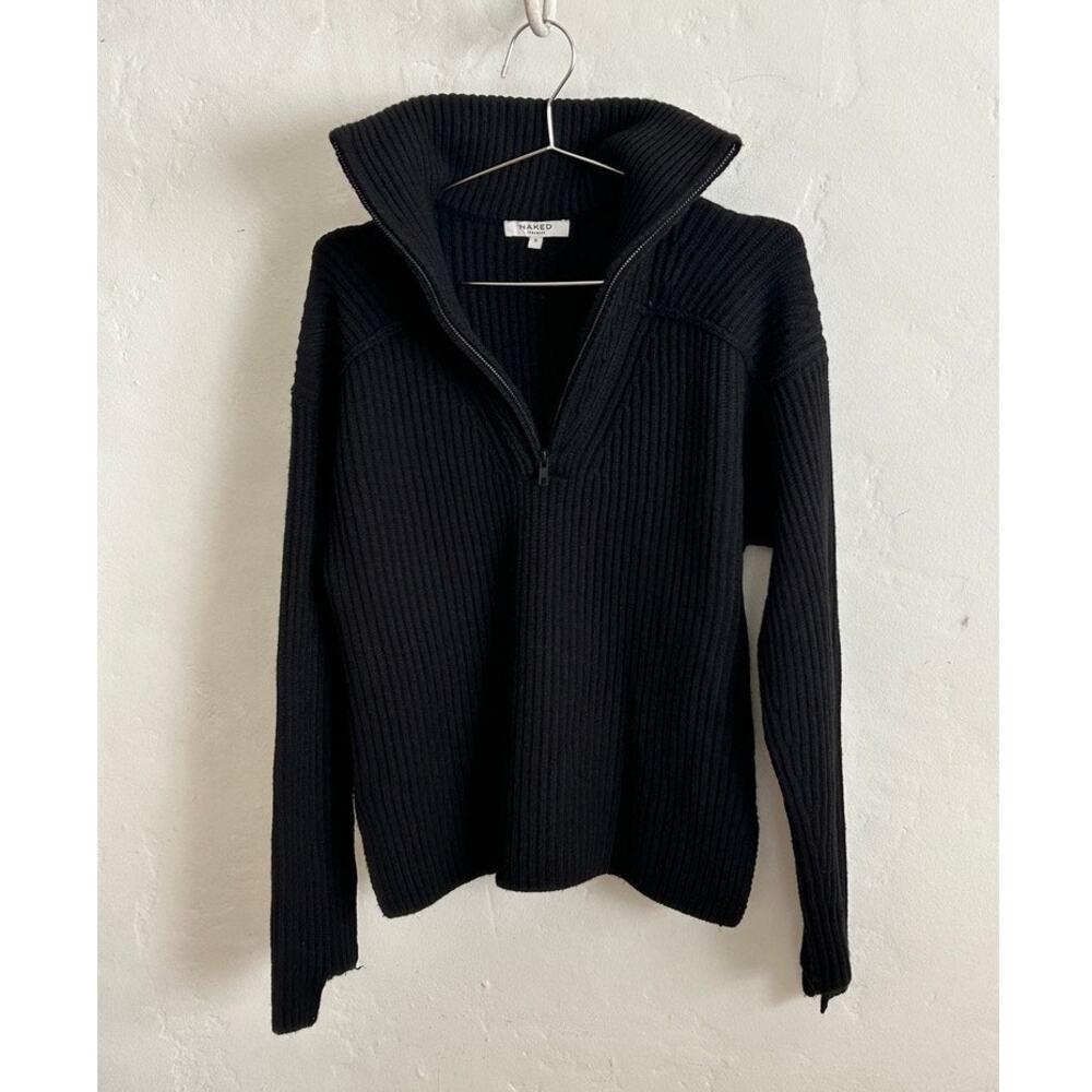 Naked Cashmere Black Ribbed 100% Cashmere Half Zip Sweater Extended Cuff S